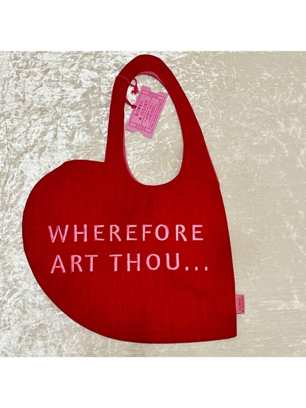 Heart-Shaped Red Tote With Wherefore Art Thou text Inspired By Romeo and Juliet - Picture 2 of 4